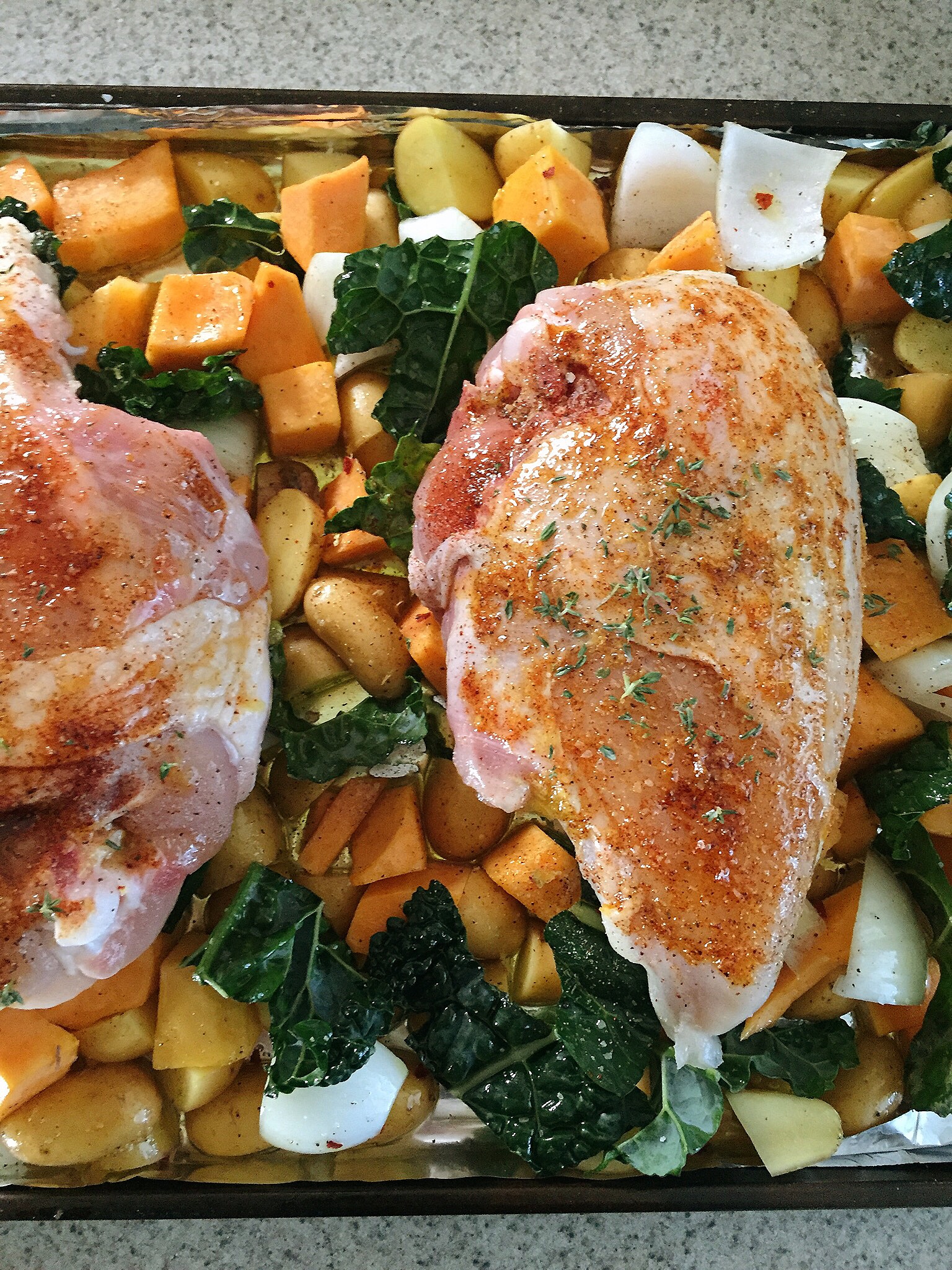 ONE PAN WONDER: OVEN ROASTED CHICKEN WITH FALL VEGGIES AND CRISPY KALE ...
